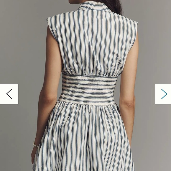 The Tommie Cap-Sleeve Smocked Front-Zip Mini Shirt Dress: Stripe - Picture 2 of 10
